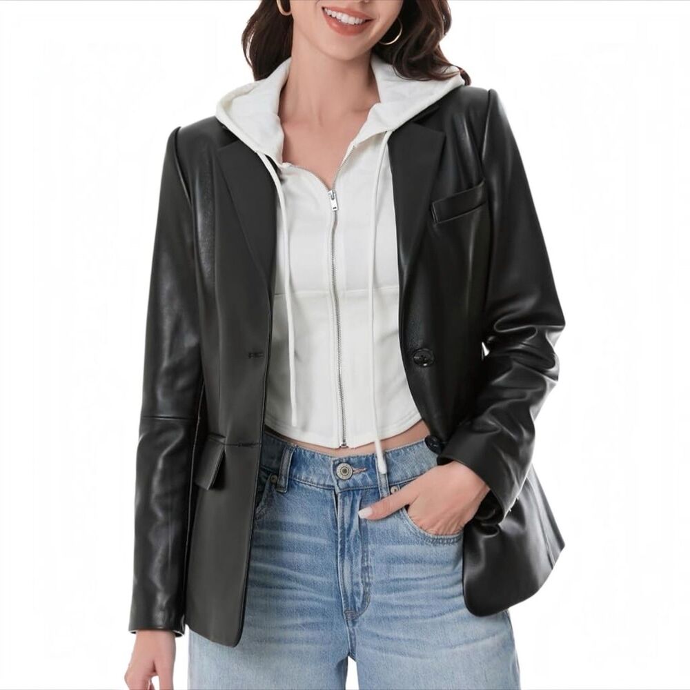 Silver Fashions Genuine Leather Blazer Women L Black 2 Button Jacket NWT $140